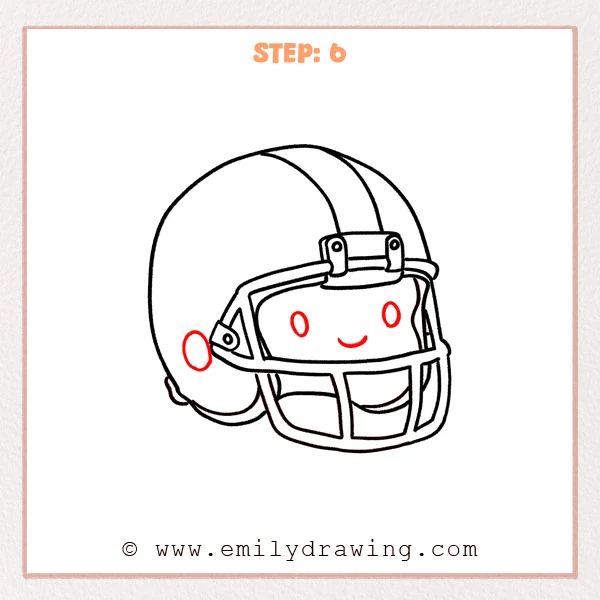 how to draw a football helmet - A finished football helmet drawing with a full shell, faceguard, two oval eyes, a small smile, and a round side detail.